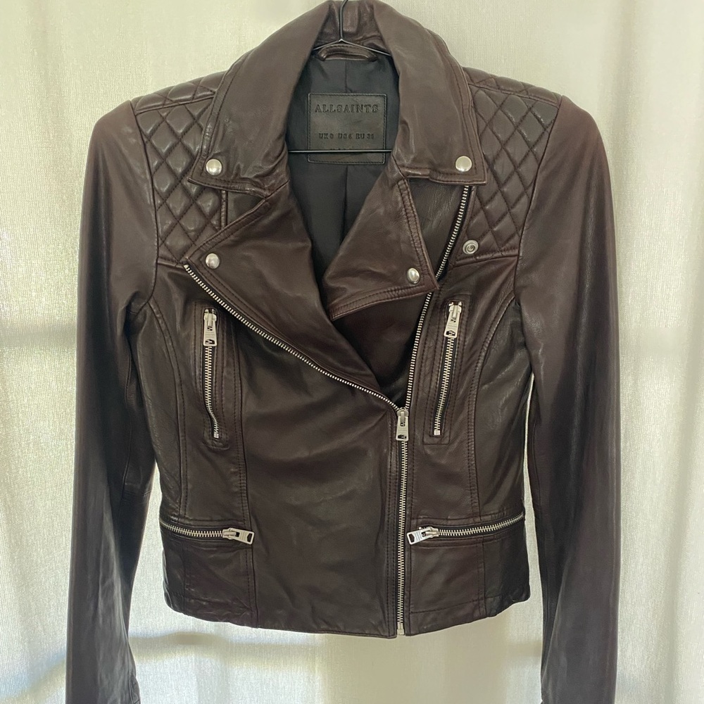 All Saints Cargo Leather Biker Jacket (Brown)